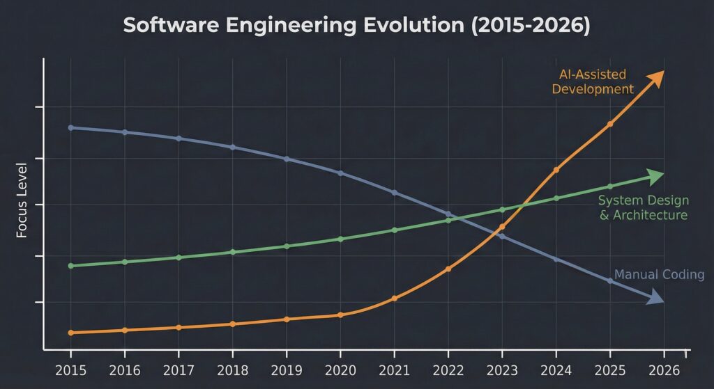 software engineering in 2026 showing shift from manual coding to system design and AI assisted development